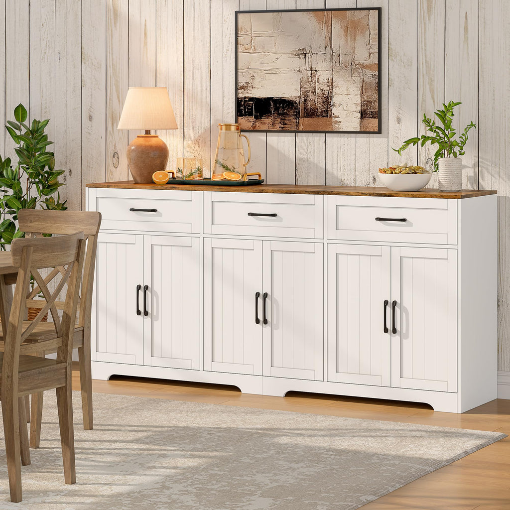 71" Farmhouse Sideboard Buffet Cabinet 3 Drawers & 6 Doors, White