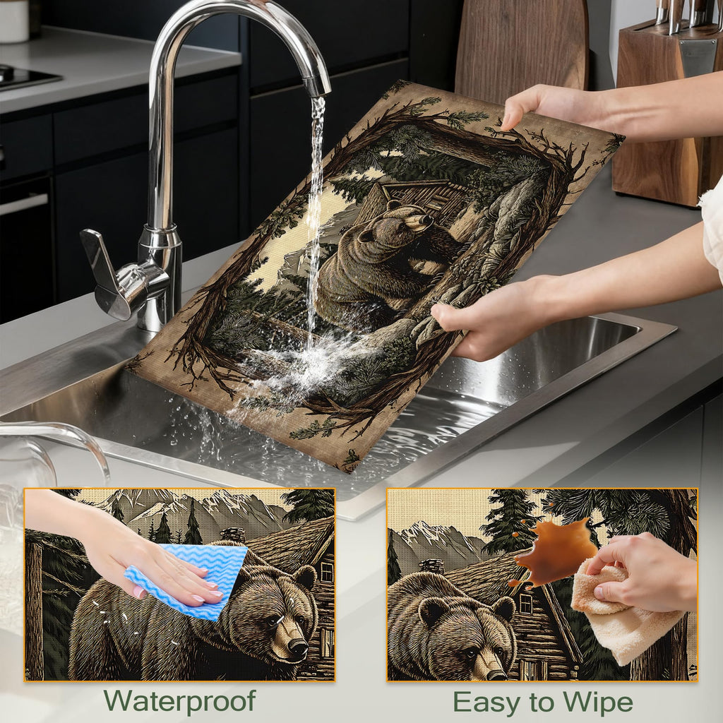 Forest Bear Cloth Placemats,Vintage Wildlife Heat-Resistant Table Placemats Set of 6, Washable Linen Place Mats Table