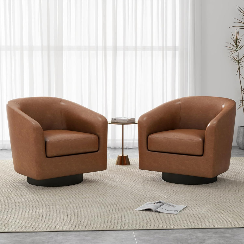 Swivel Accent Chair, PU Leather Upholstered Barrel Club Chair, Brown