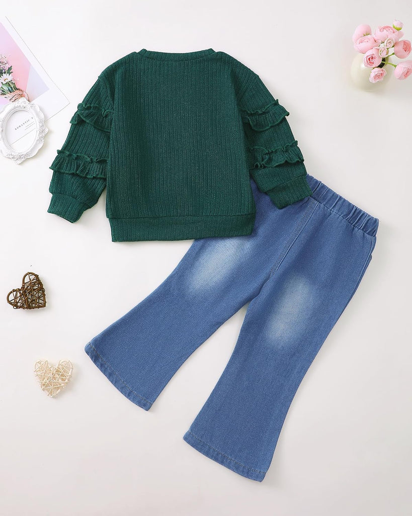 Toddler Baby Girl Clothes Kids Outfits Ruffle Heart Sweatshirt Jeans Denim Pants Set Little Girls Clothing