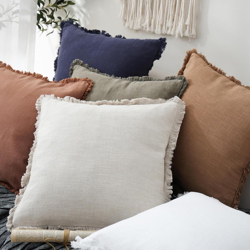 Set of 2 Decorative Linen Fringe Throw Pillow Covers Cozy Boho Farmhouse Cushion Cover with Tassels Soft Accent