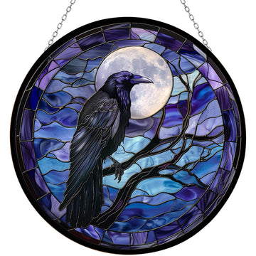 Moon Crow Stained Glass Window Hanging 12' Round Blue Flower Glass Panel Farmhouse Style Suncatcher Perfect