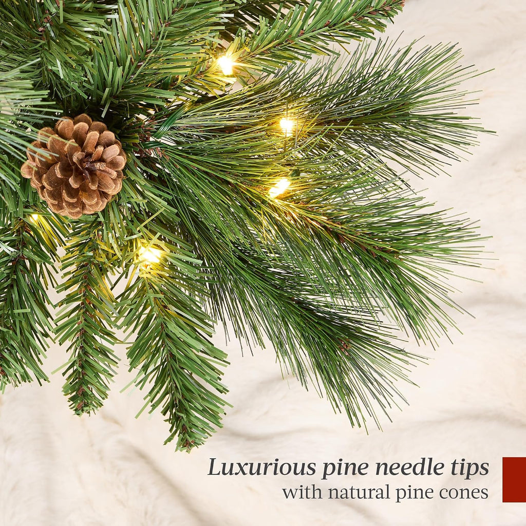 Pre-Lit Scotch Pine Pencil Christmas Tree, Premium Skinny Pre-Decorated Holiday Decor w/White and Multicolor LED