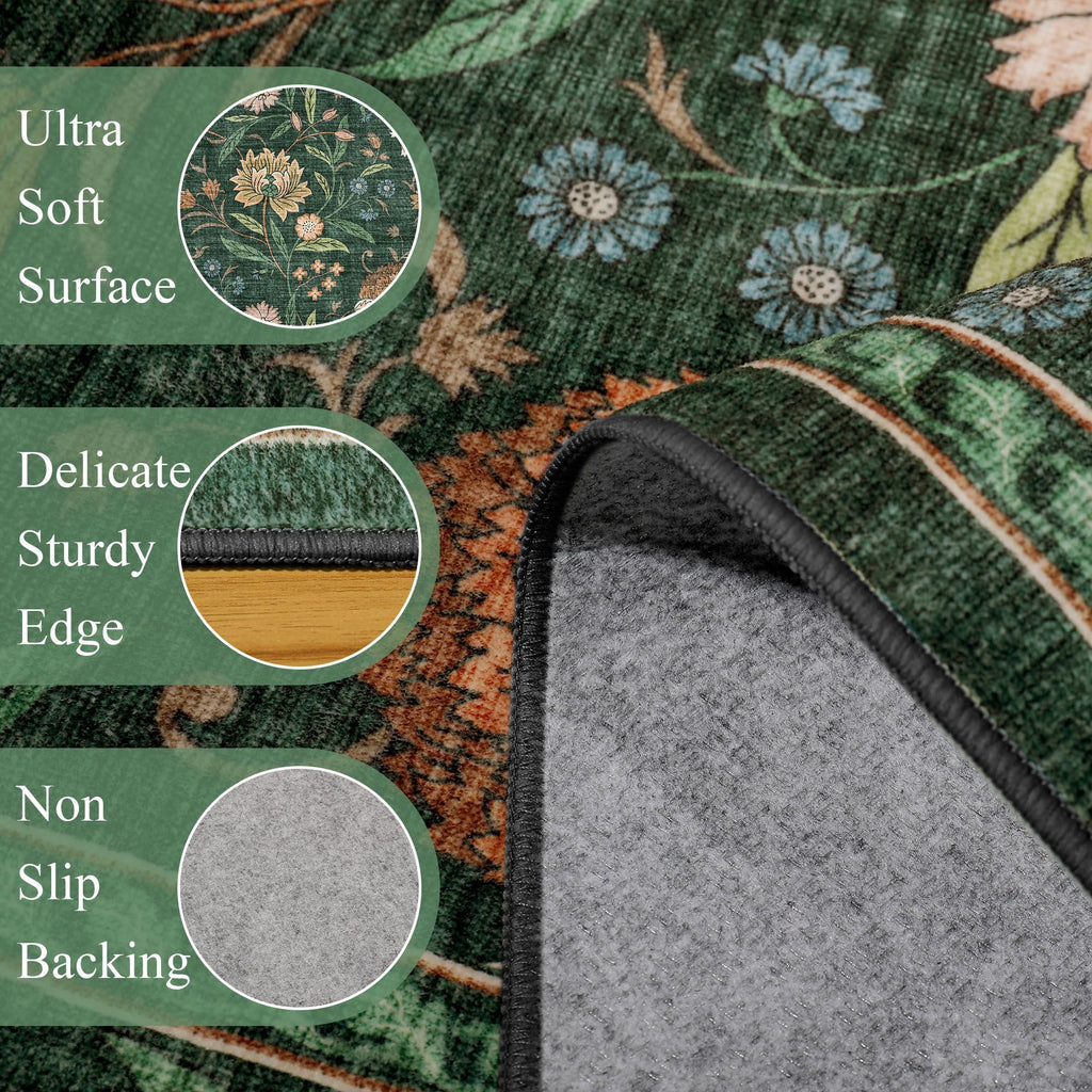 2.6x8 Runner Rug, Washable Vintage Floral Kitchen Runners Rug, Green