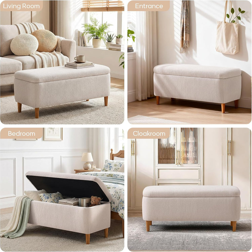 Storage Bench Ottoman, Upholstered End of Bed Bench with Storage | Rectangular Fabric Entryway Ottomans with Storage