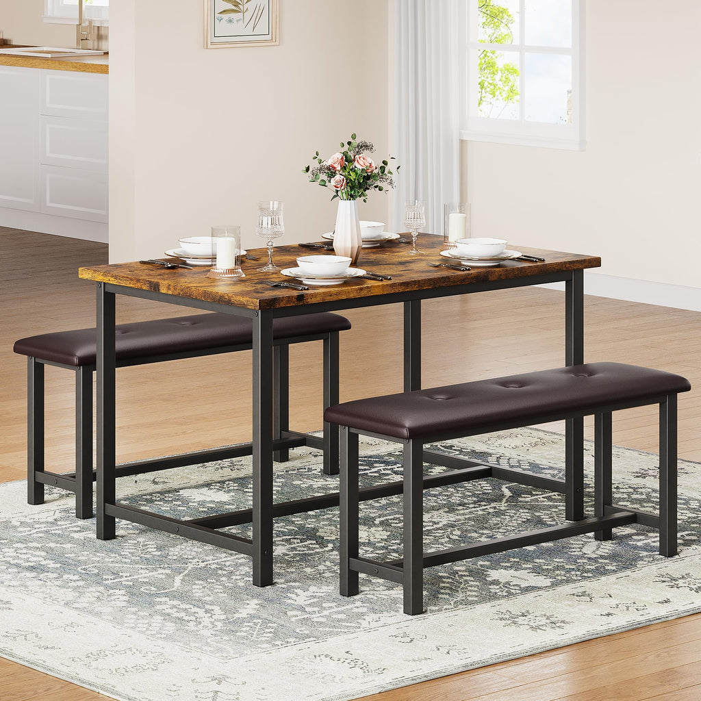 Dining Table Set for 4, Kitchen Table with Upholstered Bench, Rectangular Dining Room Table Set with 2 Benches, 3