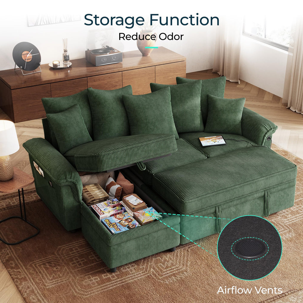 Sectional Couch with Pull Out Bed, Large Corduroy Modular Sleeper Sofa, Storage Chaise, Wide Armrest, 90" 3 Seats