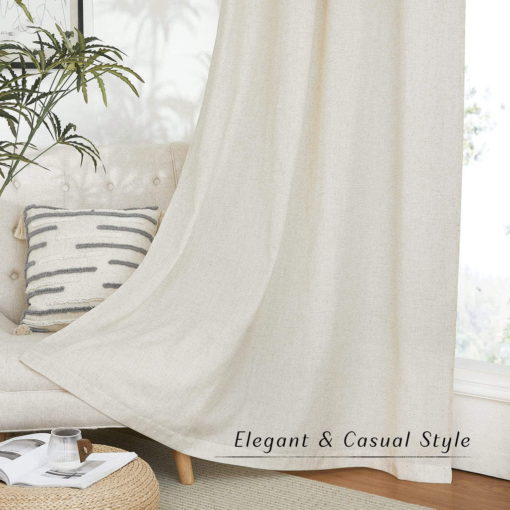 Extra Long Linen Curtains 132 inches Long, Grommet Privacy Added Thick Burlap with Light Filtering Semi Sheer Window