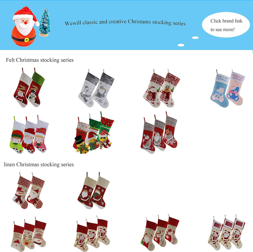 Classic White Silvery Christmas Stockings Santa, Snowman Xmas Character Fireplace Hanging Stockings 17 - Set of 2