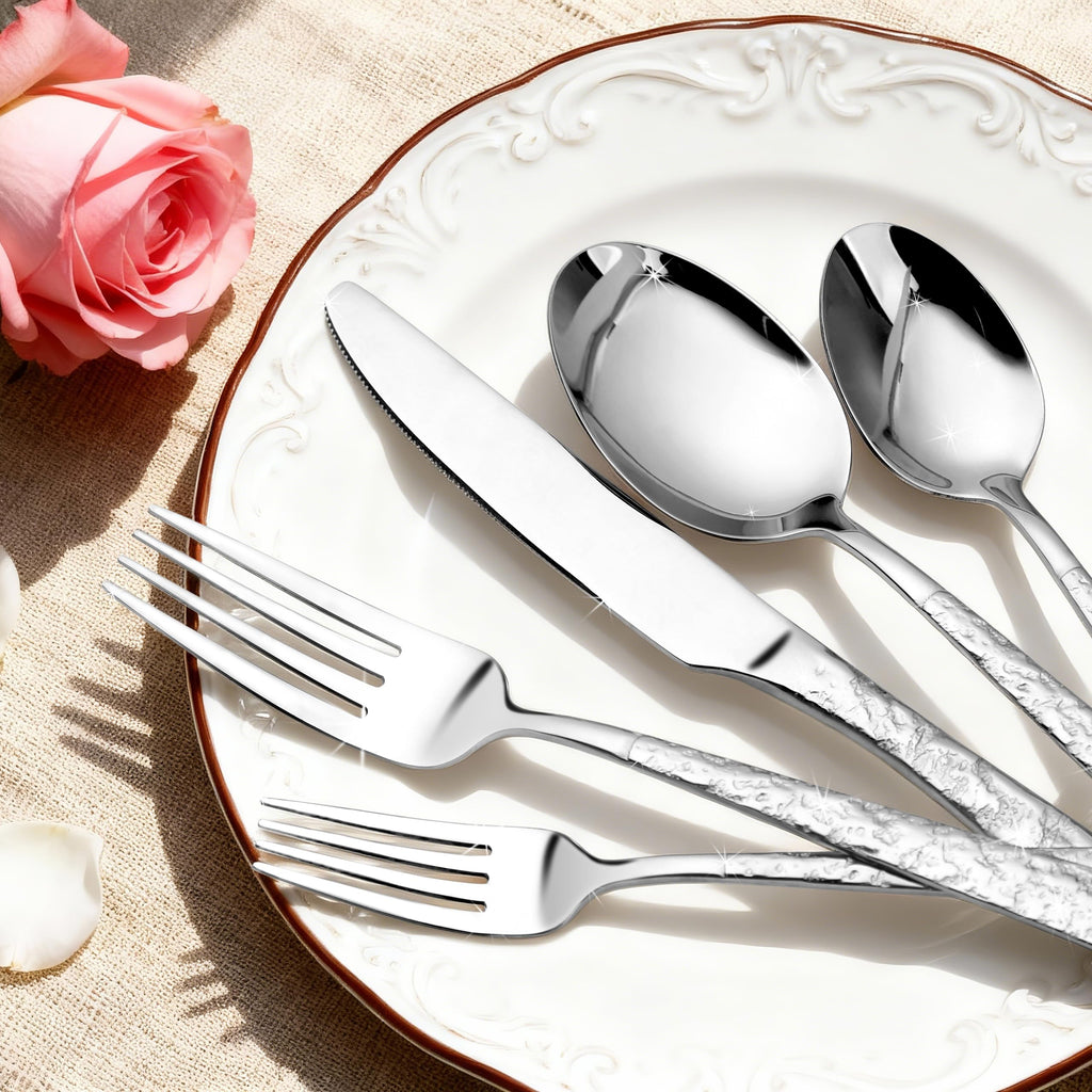 Hammered Silverware Set for 4, Stainless Steel Flatware Set with Dinner Forks, Spoons and Knives, Dishwasher