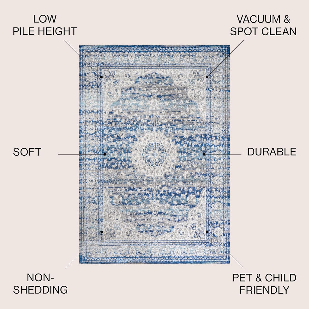 Scala Ornate Vintage Blue/Dark Gray Indoor Area Rug, Medallion, Bohemian, Easy-Cleaning, Pet Friendly