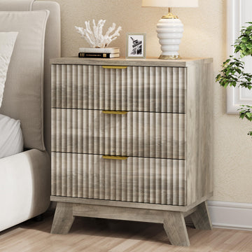 Fluted Nightstand with 3 Drawers, 24" Wide Side Table, Grey