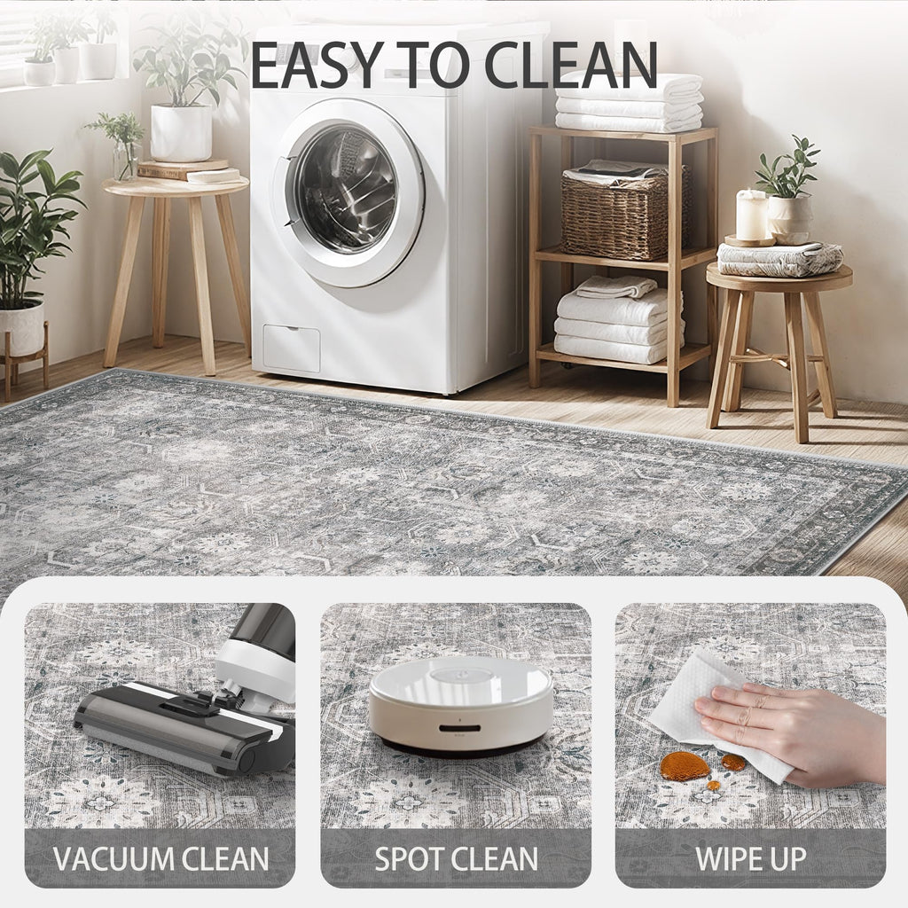 Runner Rug, Washable Non Slip Low Pile Kitchen Runner, Soft Boho Modern Rug s, Bedroom, Distressed Grey