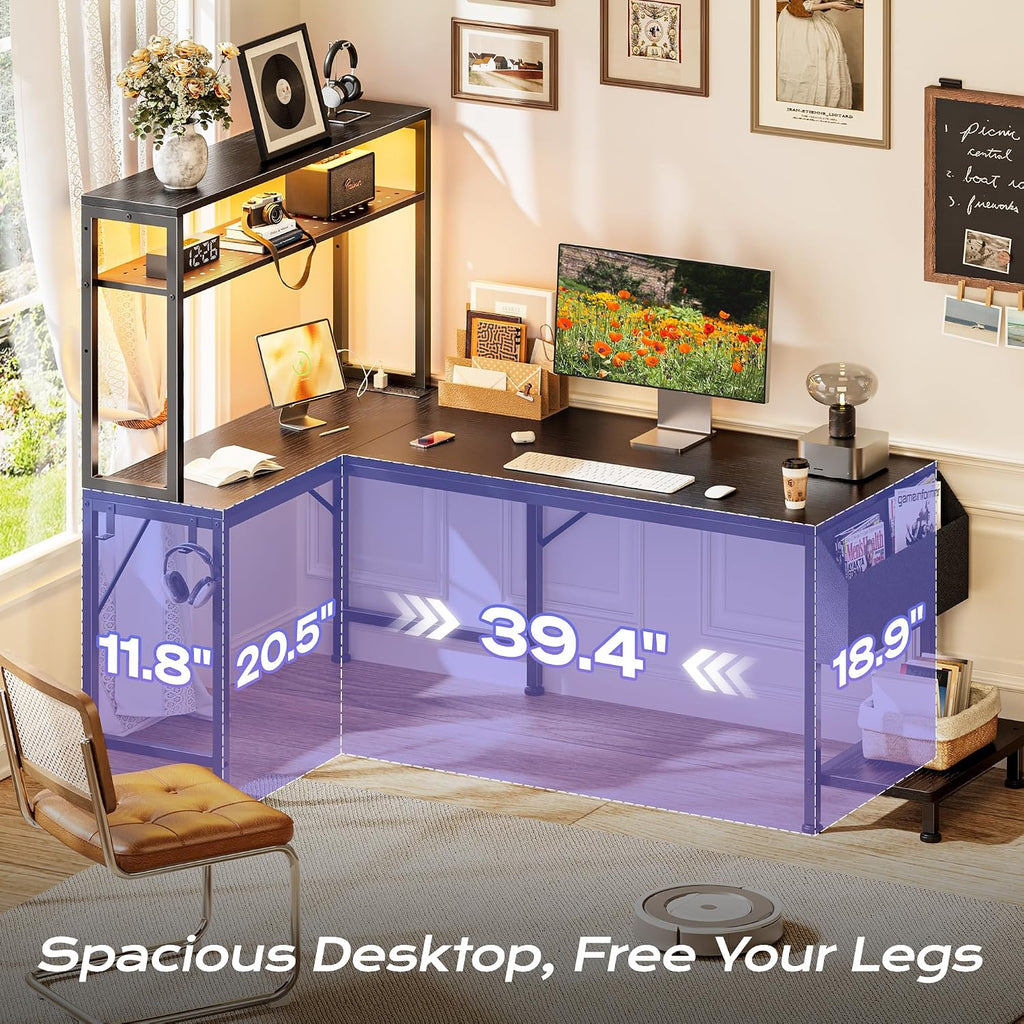 L Shaped Gaming Desk with LED Lights & Power Outlets | Reversible Computer Desk with Storage Shelves & Bag, Large
