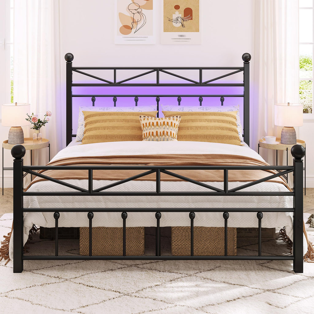 Victorian Metal Queen Size Bed Frame, Black, 54-Inch Tall Headboard