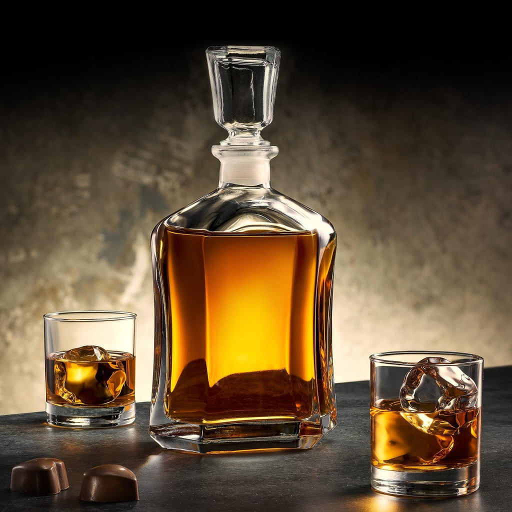 Paksh Capitol Glass Decanter with Airtight Geometric Stopper - Whiskey Decanter for Wine, Bourbon, Brandy, Liquor