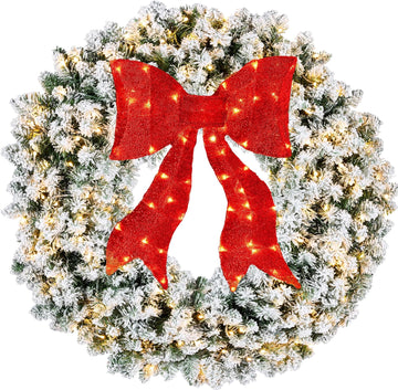 48in Large Flocked Artificial Pre-Lit Fir Christmas Wreath Holiday Accent Decoration for Door, Mantel w/Red Lighted