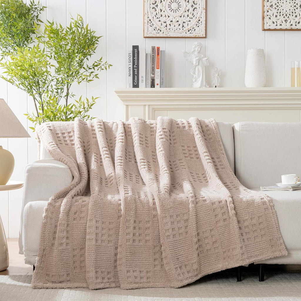 50x70 Inch Waffle Brown Throw Blanket -Fluffy Fleece, Neutral Tan Color, Cute & Aesthetic, Chair, Bed, Living Room &