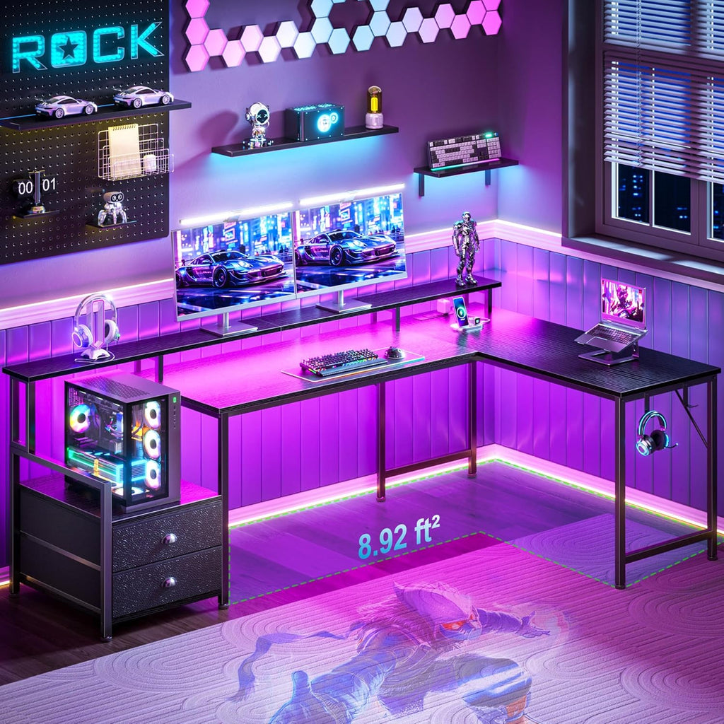66'' L Shaped Gaming Desk with Storage Drawers, Power Outlets, LED | Large Reversible Computer Desk for Multiple