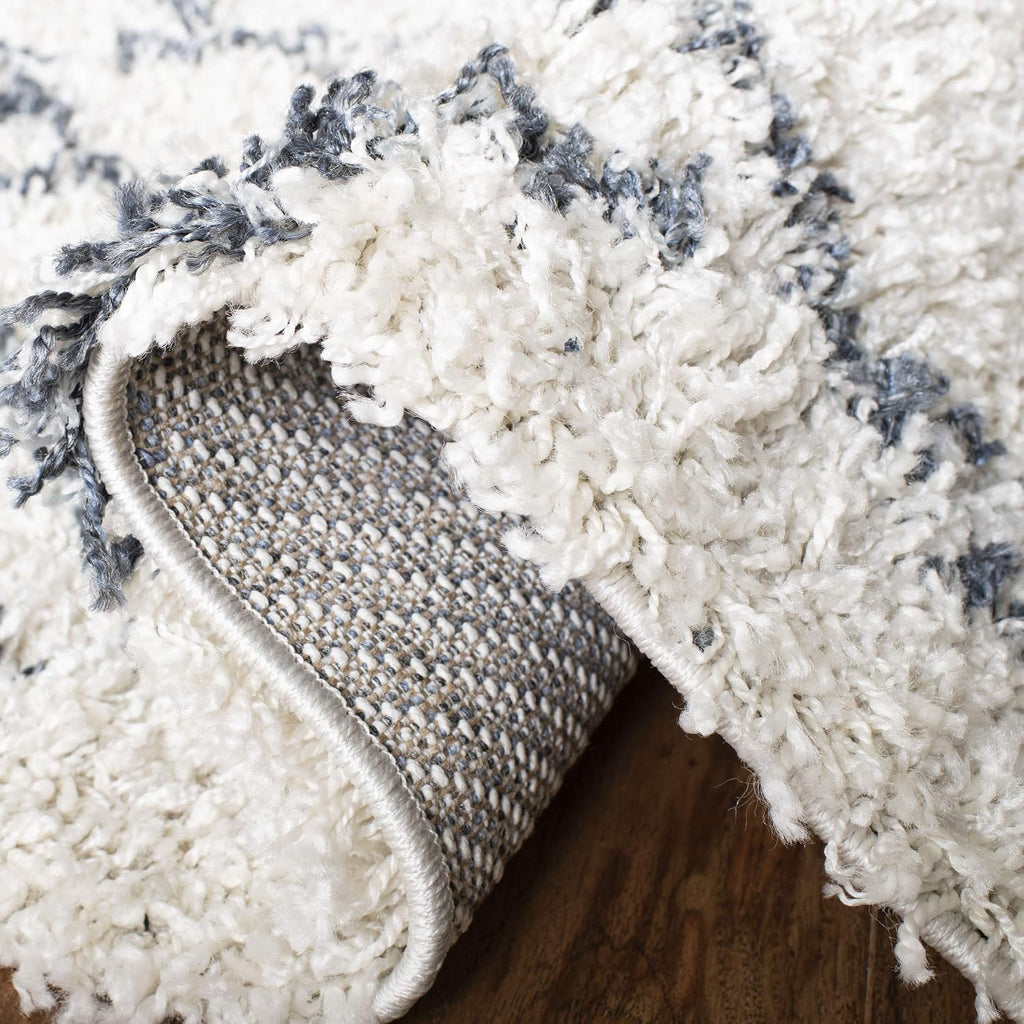 Pro Luxe Shag Collection Area Rug - 5' x 8', Cream & Blue, Moroccan Boho Tassel Design, Non-Shedding & Easy Care