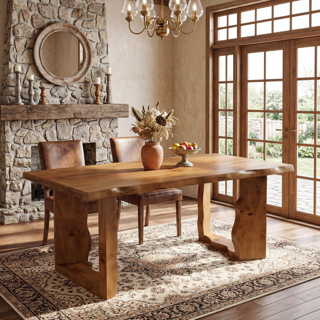 63" Live Edge Solid Wood Dining Table, Modern Rustic Kitchen Table with Sculptural Legs, 6-Person Rectangular Dinner