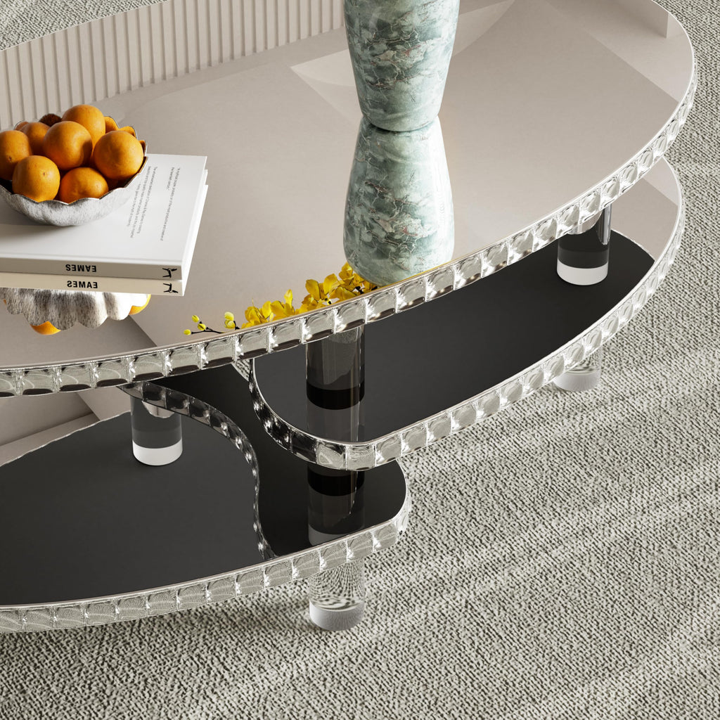 Modern Silver Mirror Coffee Table Luxury 43" Oval Glass Coffee Tables with Crystal Trim and Acrylic Legs Elegant
