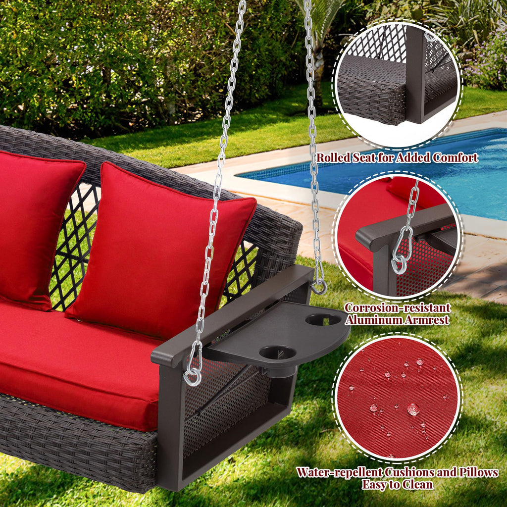 3 Seat Hanging Porch Swing with Cup Holder, Wicker Patio Swing Chair
