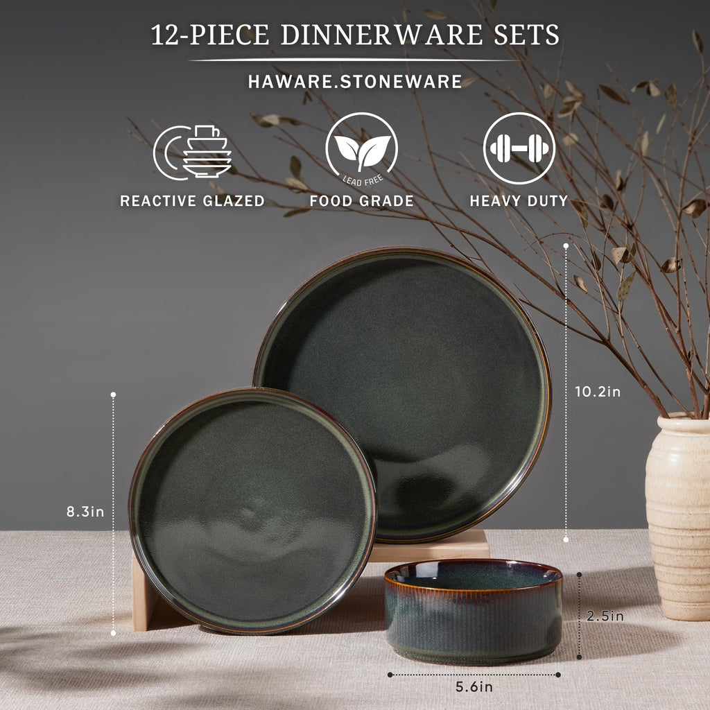 Dinnerware Sets, Plates and Bowls Set for 4, Reactive Pine Green