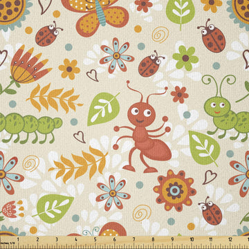 Spring Fabric by The Yard, Jolly Smiling Cartoon Caterpillar and Ants Concept with Spring Flowers and Leaves, Stretch