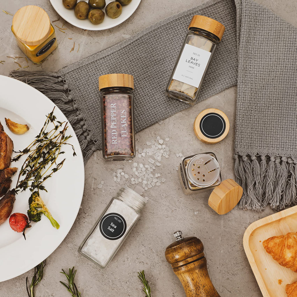 24 Pcs Glass Spice Jars with Bamboo Lids, 4 oz Glass Jars with Minimalist Farmhouse Spice Labels Stickers