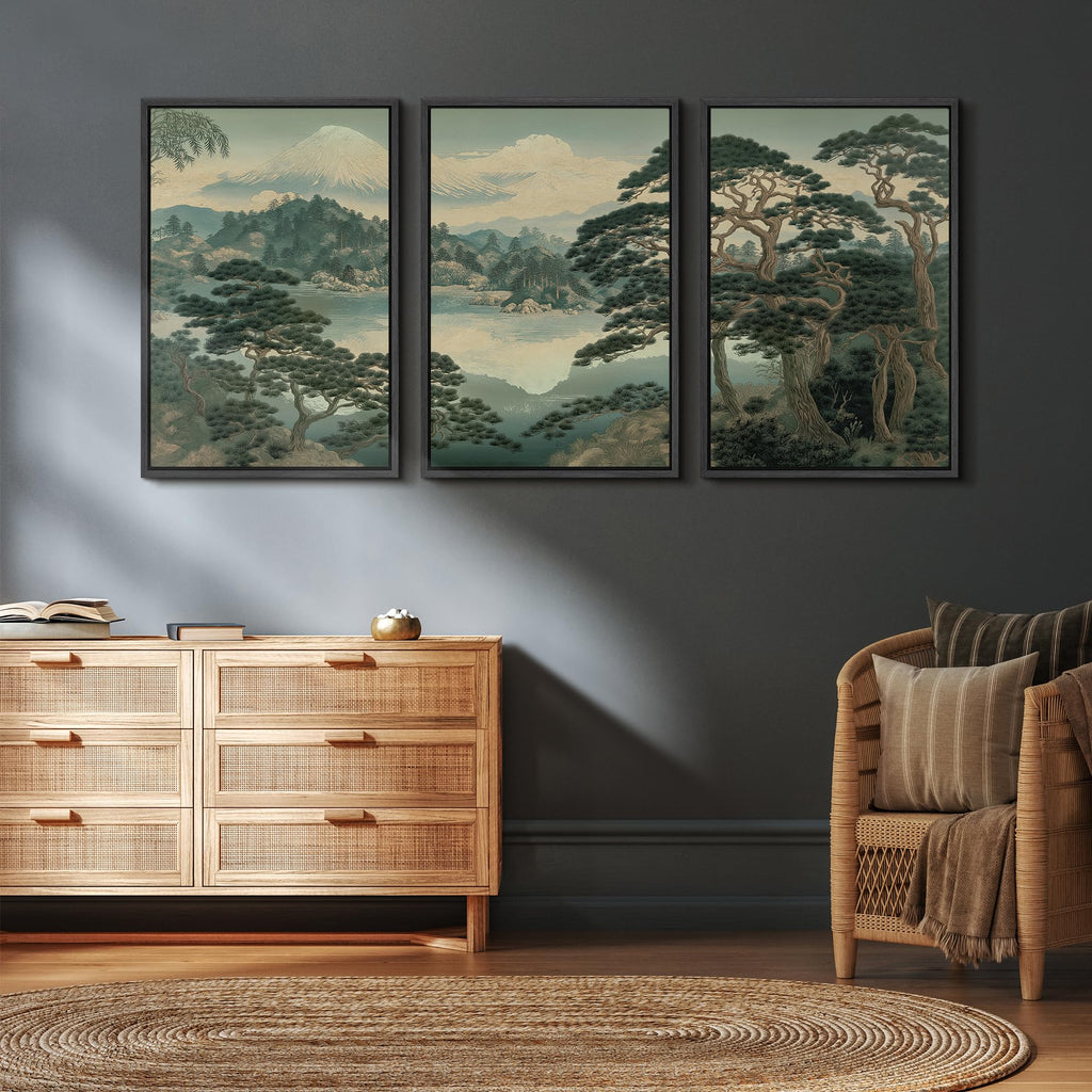 Framed Canvas Print Wall Art Set Mount Fuji Pine Tree Illustrations Fine Art Decorative - 24"x36"x3 BLACK