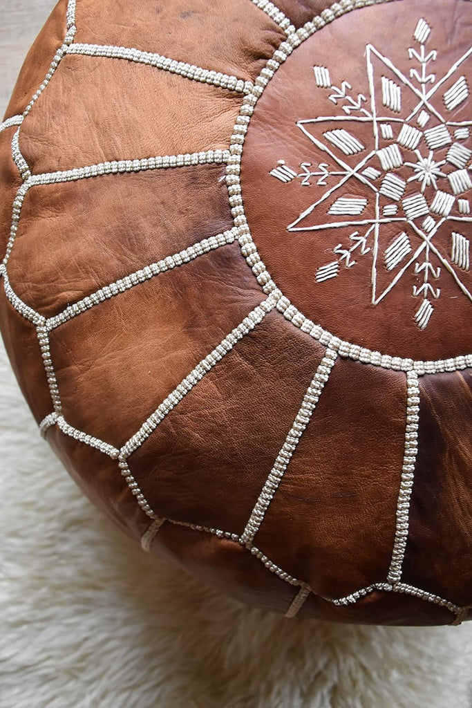 Premium Pouf - - Delivered Stuffed - Ottoman, Footstool, Floor Cushion (Cognac Brown)