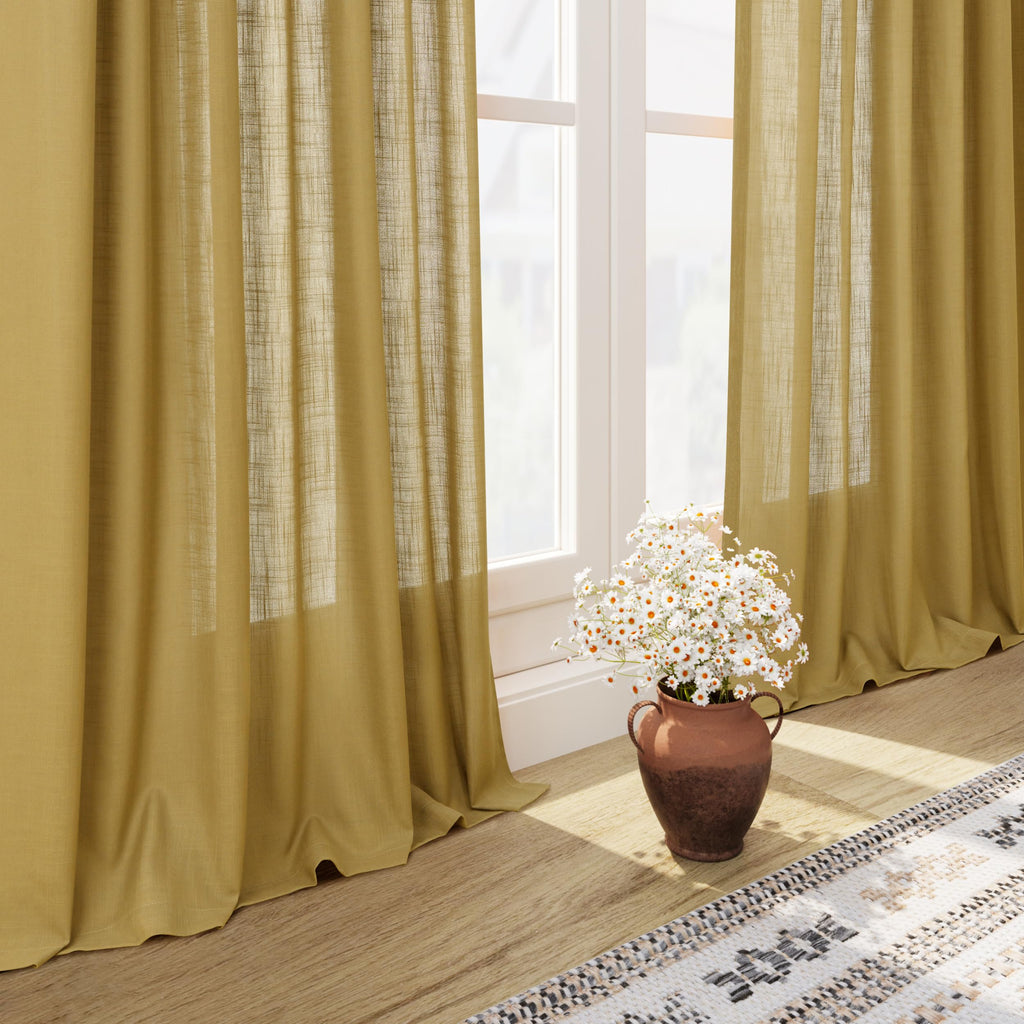 Gold Linen Curtains Semi Sheer Gold 96 Inches Long 2 Panels Set Back Tab Rod Pocket Light Filtering Drape Modern