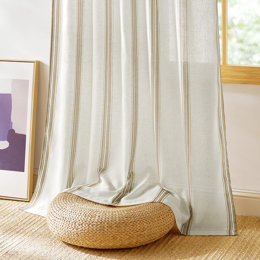 Stripe Linen Curtains 52 x 84 Inch Long - Taupe & White Classic Grommet Rustic Drapes, Light Filtering Window