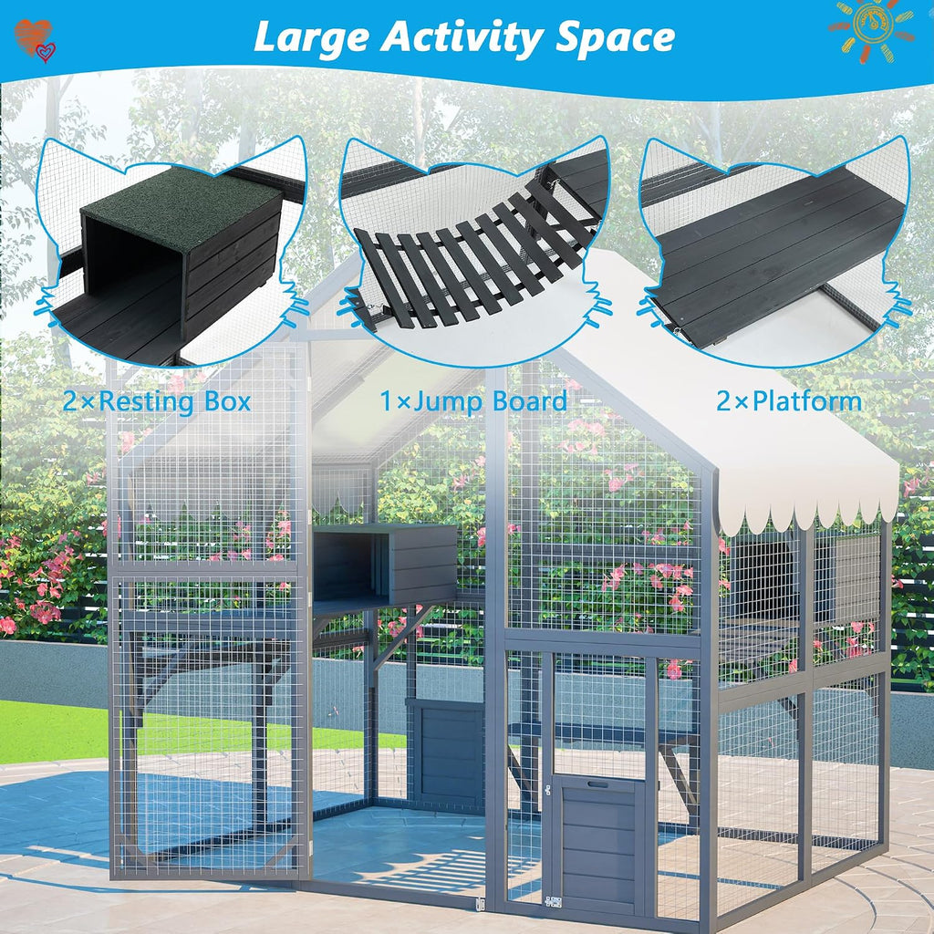 74" Large Wooden Outdoor Cat Catio Enclosure, 6×4ft Walk in Cats House Outside, Cat Shelter Kitty Cage with Sleeping