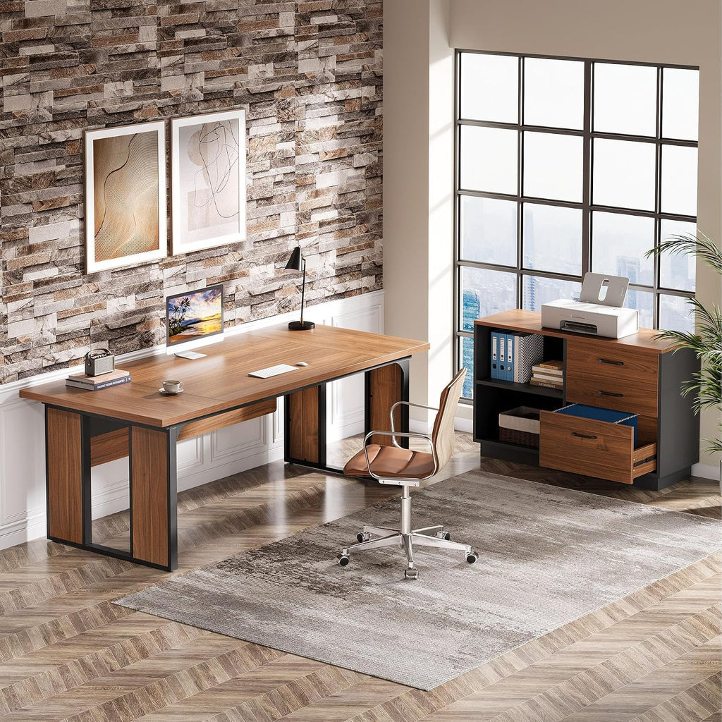 3 Drawer File Cabinet with 2 Open Shelves, Modern 39" Lateral Filing Cabinet for Letter/Legal Documents, Wooden