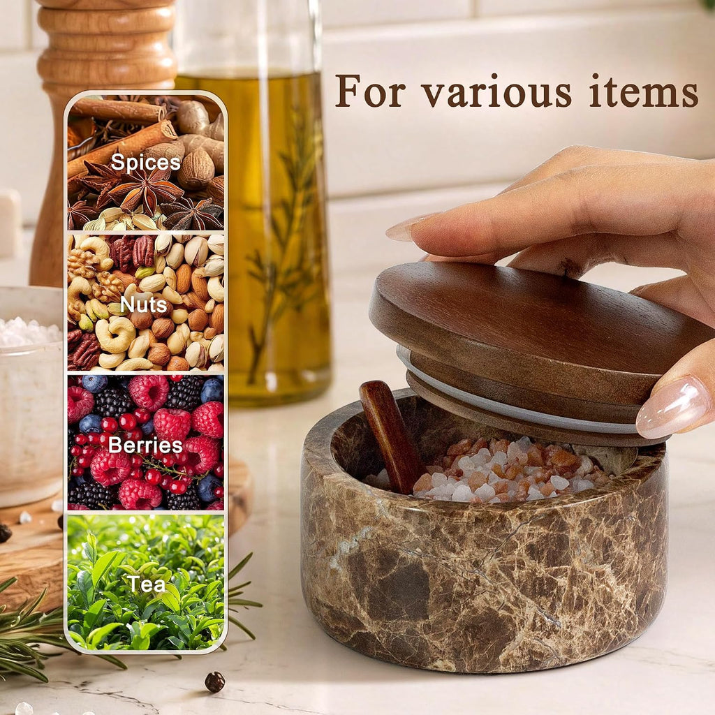 Marble Salt Cellar with Acacia Wood Lid & Spoon Brown 4" salt container