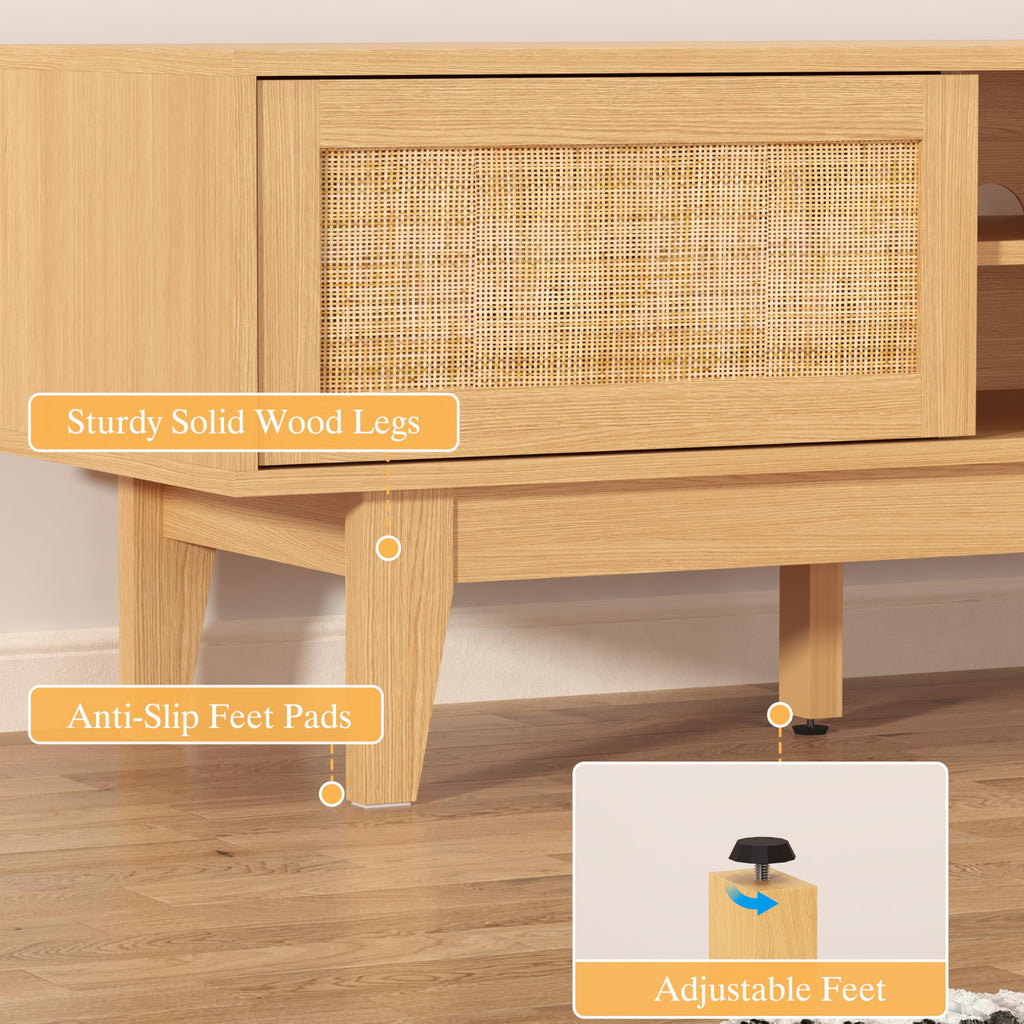 Oak Boho TV Stand for 55-70 inch, Entertainment Center with Rattan Design