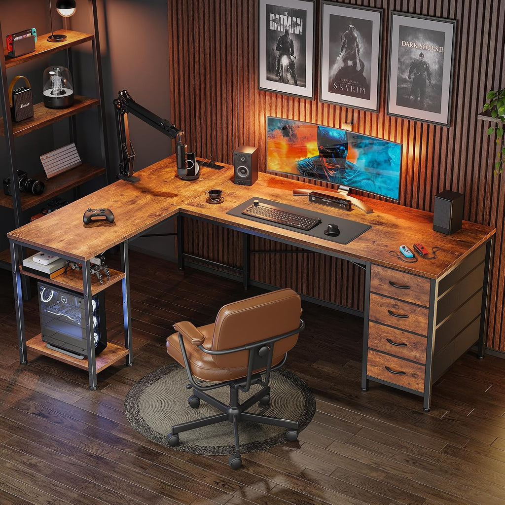 55 Inch L Shaped Desk with Fabric Drawers, Reversible Computer Gaming Desk with Power Outlets and USB-C Port