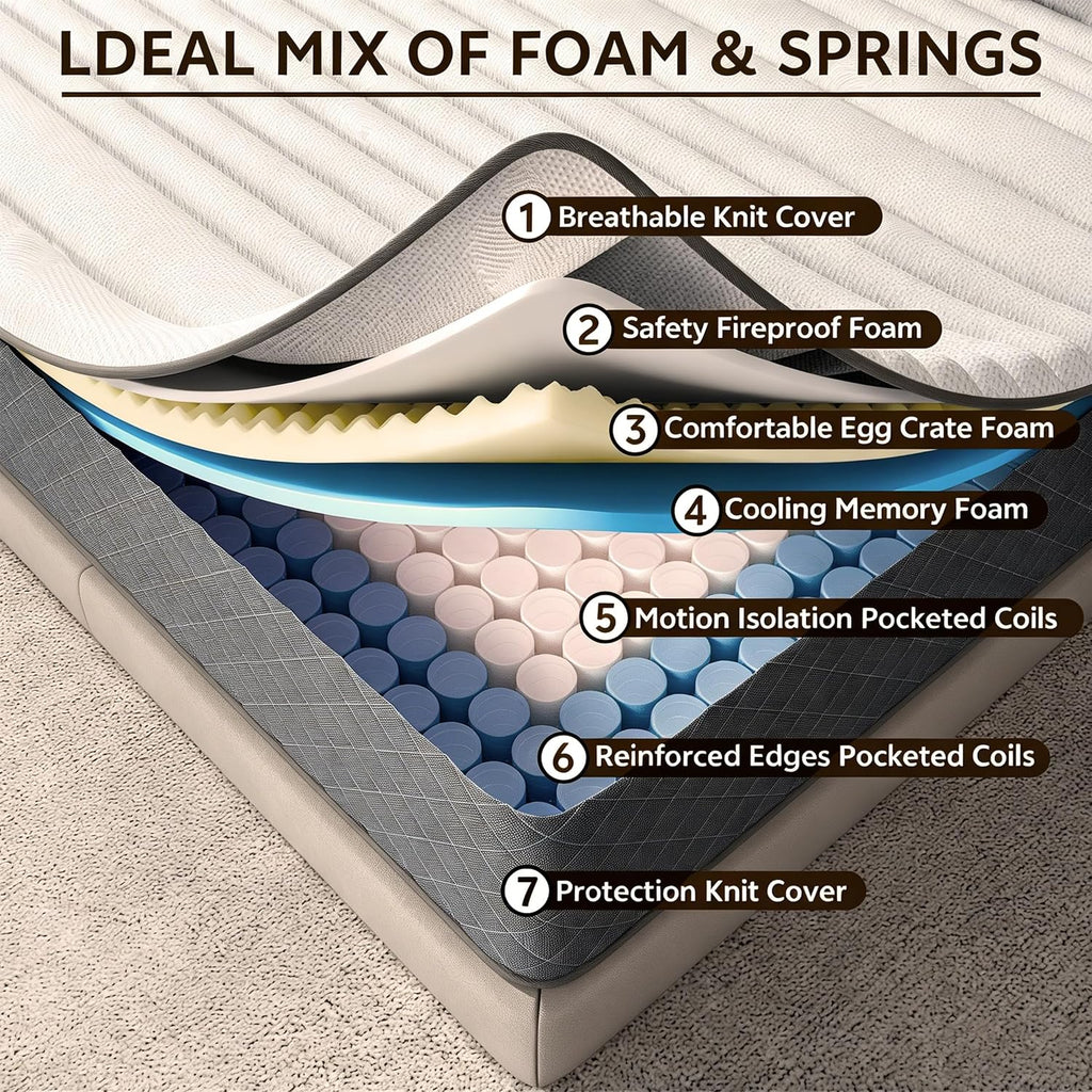 King Size Mattress, 12 Inch King Mattress Hybrid Medium Firm, 7-Zone Pocket Spring Memory Foam Mattress in a Box for