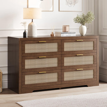 6 Drawer Rattan Dresser, Boho 47.2" Wide Wooden Chest of Drawers, Dresser TV Stand with Metal Handle, Large Storage