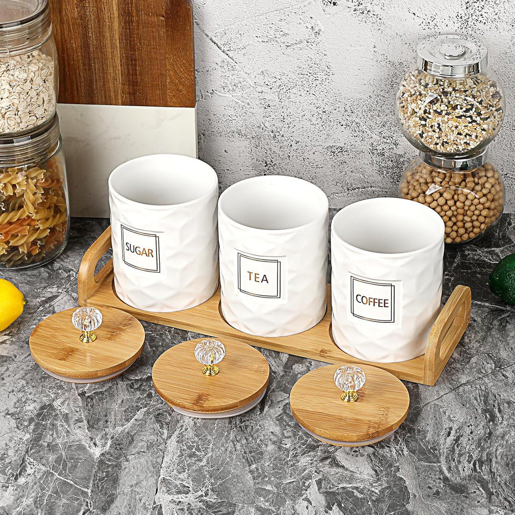 Ceramic Coffee Sugar Tea Canister Set with Lid and Tray - Set of 3