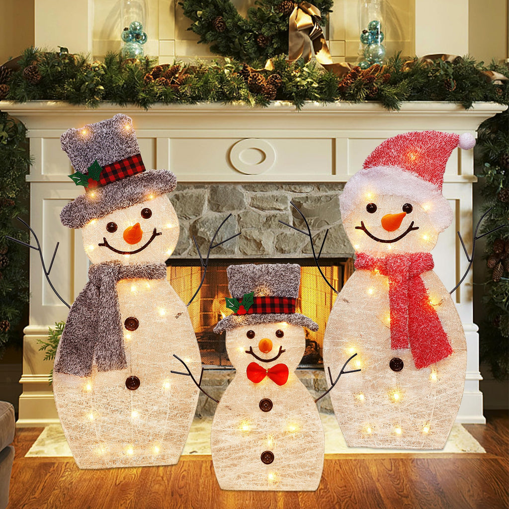 Light Up Snowman Family, Pre-Lit 60 Lights Christmas Collapsible Snowman Outdoor Decoration, Outdoor Lighted Snowman