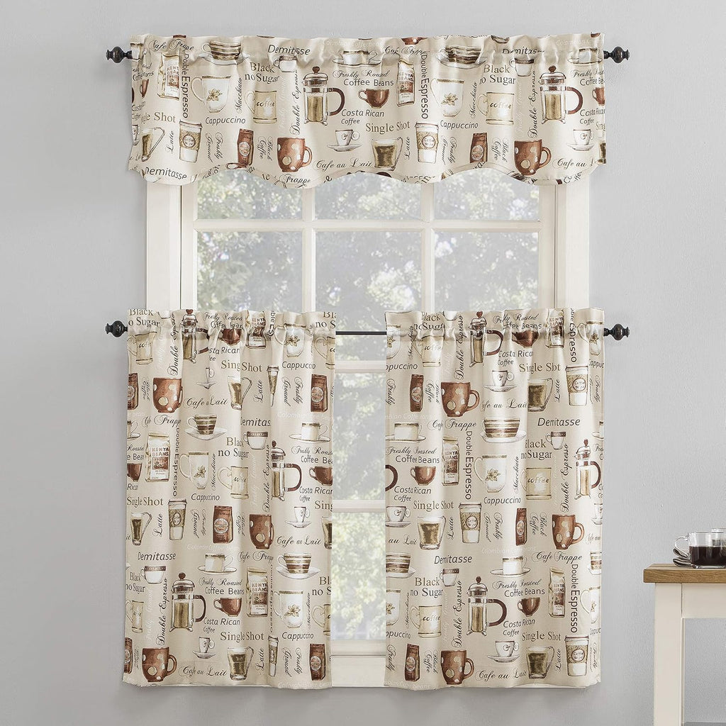 Bristol Coffee Shop Semi-Sheer Rod Pocket Kitchen Curtain Valance and Tiers Set, 54" x 24", Ivory Off-White