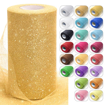 6"x 50 Yards White/Gold Glitter Tulle Fabric Rolls for DIY Tutu Party Decor