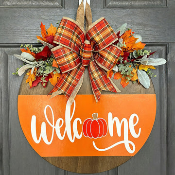 Fall Door Sign for Front Door, Wooden Welcome Hanger with Pumpkin Design, Plaid Bow and Autumn Leaves, Porch Entry