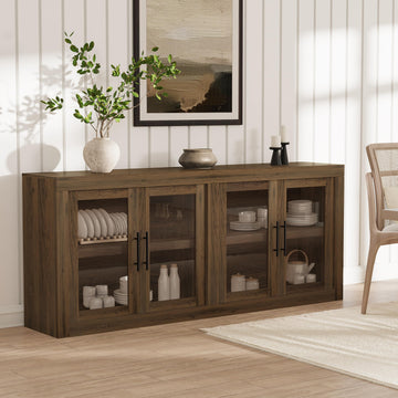65.35" Sideboard Buffet Cabinet with 4 Glass Doors, Walnut