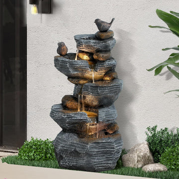 5-Tiers Cascading Rock Water Fountain Outdoor, Waterfalls Fountains | Garden Freestanding Resin Water Feature