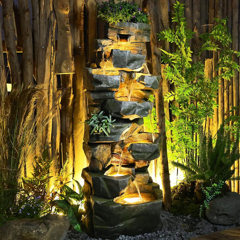 58" H Outdoor Water Fountain with 7 Tiers New Upgraded Large Cascading Realistic Rock Waterfall Fountains with Lights
