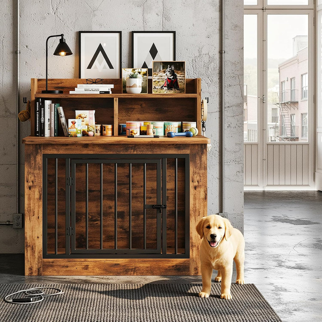 Small Dog Crate Furniture with Storage Hooks
